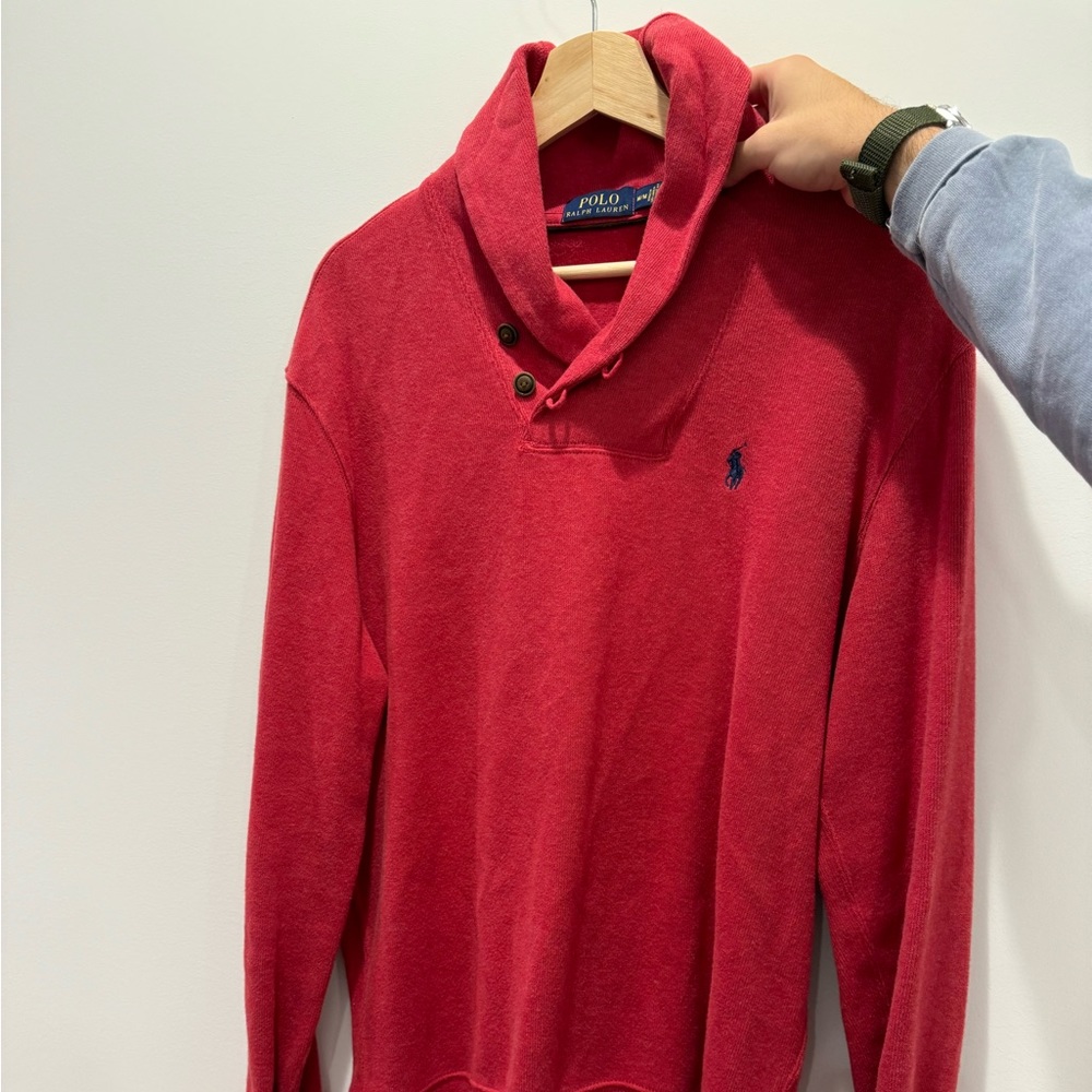 Polo Ralph Lauren Men Sweater M Shawl Button Collar Neck Red Pony Logo Pullover